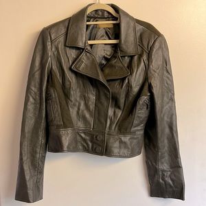 Nicole Miller Vintage Dark Army Green Leather Bomber Jacket w/Wool Detail • XL